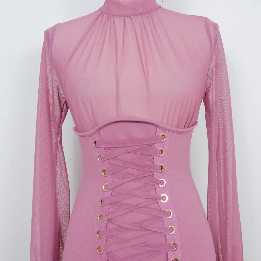Iris Mauve Pink Sheer Mock Neck Long Sleeve Corset Lace Up SZ S Sexy Y2K Dress - Picture 6 of 14
